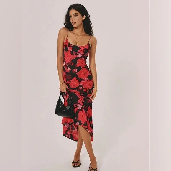 COMMENSE Red Floral Slip Midi Dress NWT Size L Side Zip - Picture 1 of 9